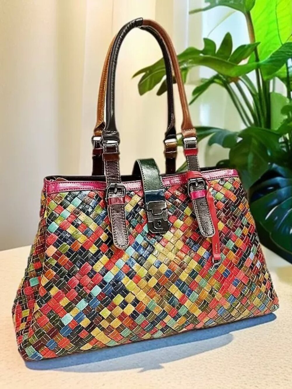 Women Vintage Woven Handbag, Top‑Grain Cowhide Spliced Genuine Leather Bag